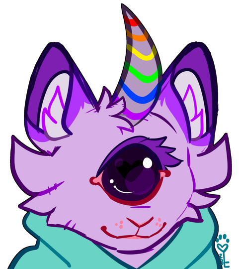 id: a digital headshot of Atlas the felid alien. she resembles a fluffy cat with light purple fur, and darker tips on their ears. she has one large, dark purple eye, and one curved horn on their head. the horn is greyish purple with rainbow stripes /end id