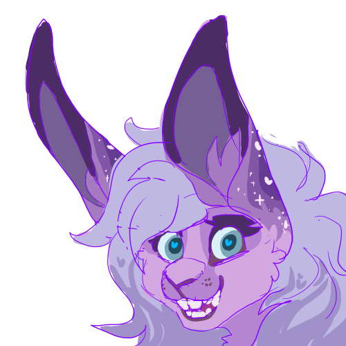 id: a digital headshot sketch of Venus the shapeshifting rabbit. her fur is lavender with a long, grey-purple mane, blue-grey eyes, and starlike spots on her ears /end id