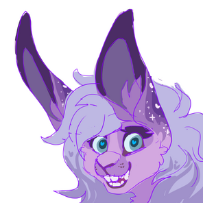 id: a digital headshot sketch of Venus the shapeshifting rabbit. her fur is lavender with a long, grey-purple mane, blue-grey eyes, and starlike spots on her ears /end id