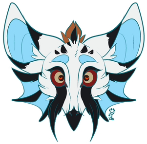 id: a digital headshot of Aldelphi the bearded vulture gryphon. she has a small black beak, blue jaw frills, and large ears with matching blue insides. long black feathers flow like tears from her eyes and hang from her face /end id