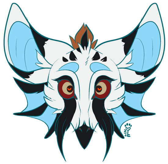 id: a digital headshot of Aldelphi the bearded vulture gryphon. she has a small black beak, blue jaw frills, and large ears with matching blue insides. long black feathers flow like tears from her eyes and hang from her face /end id