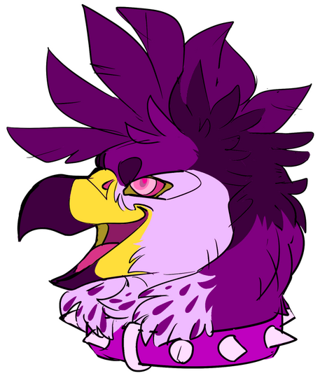id: a digital headshot sketch of Calix the red tailed hawk. her feathers are purple, with darker and lighter purple markings, pink eyes, and a bright yellow black tipped beak. they wear a purple spiked collar, her long head feathers up in a mohawk /end id