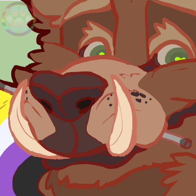 id: a digital headshot drawing of Aloysius the tusked grizzly bear. his fur is brown with a light brown upper muzzle, cream brows and lashes, dark brown nose, green eyes, and ivory tusks. they hold a nonbinary flag in his mouth, smiling at the viewer /end