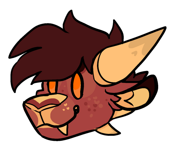 id: a digital headshot sketch of Nikoli the dragon. his feathers are a faded red, with a dark brown mane, and gold scales down his snout. his fangs and multiple horns are a brighter gold /end id