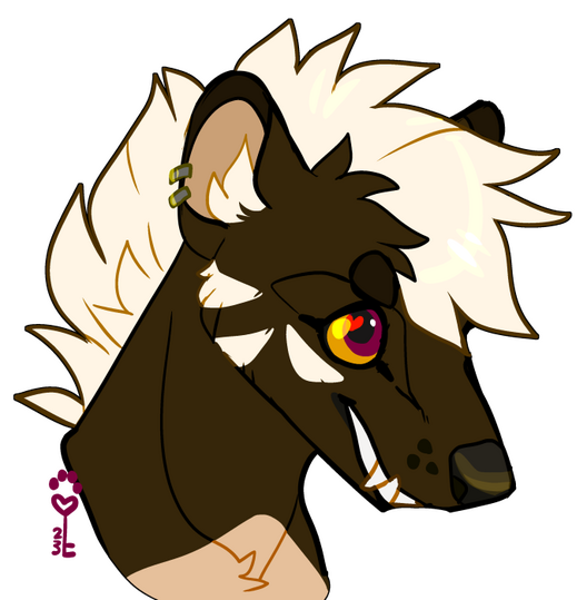 id: a digital headshot drawing of Bailey Badgerstrike the thylacine. her fur is dark brown, with a cream chest and inner ears, white cheek stripes and white fluffy mane. her eyes are orange/maroon, and her right ear has two piercings /end id