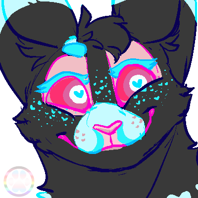 id: a digital headshot sketch of Rave the umbreon from Pokemon (fan OC). she has black fur with pale pink and blue markings, blue freckles, and neon pink eyes. she smiles cheerfully, looking off-screen /end id