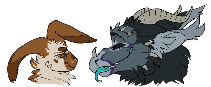 id: a digital headshot sketch of Taiyo the synthetic arctic drake and Cinna the cabbit (cat/rabbit). Taiyo's fur is grey and black, accented with purple markings. Cinna has light cream fur with brown points, and a floppy left ear /end id