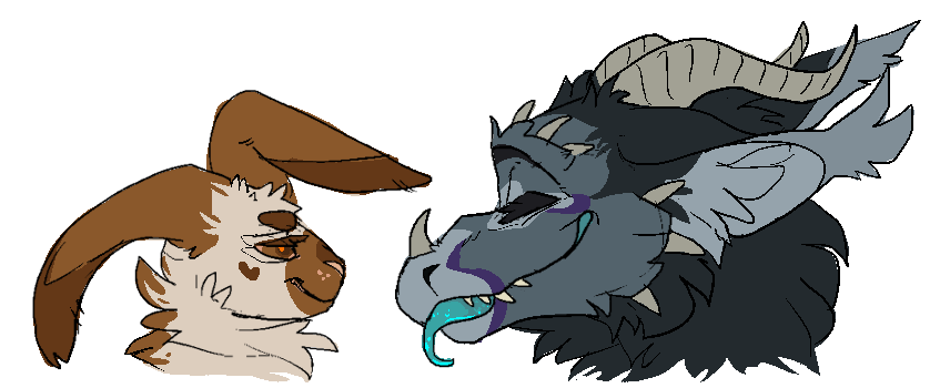 id: a digital headshot sketch of Taiyo the synthetic arctic drake and Cinna the cabbit (cat/rabbit). Taiyo's fur is grey and black, accented with purple markings. Cinna has light cream fur with brown points, and a floppy left ear /end id