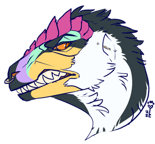 id: a digital headshot sketch of Bruce the yutyrannus. his feathers are black and white, with yellow/purple/cyan face scales, orange eyes, and pink brow ridges. his nose and ear both have gold piercings. Bruce sneers, showing his white fangs /end id