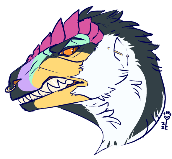 id: a digital headshot sketch of Bruce the yutyrannus. his feathers are black and white, with yellow/purple/cyan face scales, orange eyes, and pink brow ridges. his nose and ear both have gold piercings. Bruce sneers, showing his white fangs /end id
