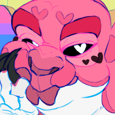 id: a digital headshot drawing of Cindy the dragon. her scales are a soft pink, with a white underbelly and paws, and thick dark pink brows. she has two small black scales besides each eye, yellow horns, black claws, dull pink tongue, and black eyes /end