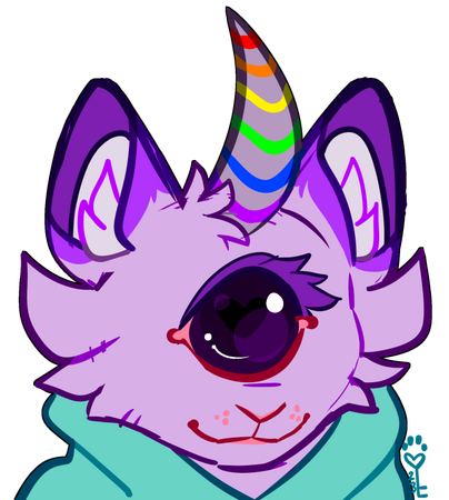 id: a digital headshot of Atlas the felid alien. she resembles a fluffy cat with light purple fur, and darker tips on their ears. she has one large, dark purple eye, and one curved horn on their head. the horn is greyish purple with rainbow stripes /end id