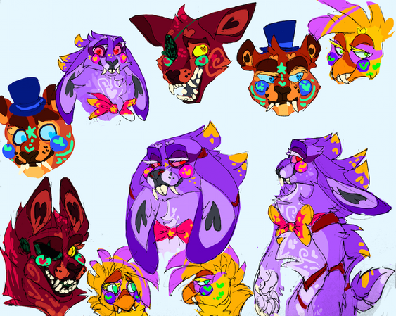 id: several mixed media sketches of speculative designs for Glamrock Freddy (brown, blue, cyan), Bonnie (purple, pink, gold), Chica (yellow, purple, green), and Foxy (maroon, red, cyan) /end id