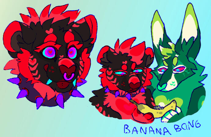 id: 2 mixed media portrait sketches of Frillious the sparkledog and Noodle the sparklewolf. Frillious has long ears with green fur and yellow/green and cream markings. Noodle has fluffy black fur with red stripes, and wears a spiked collar and nosering /id