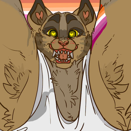 id: a digital portrait drawing of Natasha the cat. she has large muscles, dusty brown fur, dark brown cheeks, and a grey mask across her eyes. her nose and gums are pink, her teeth are grey, and eyes are yellow. she wears a white tanktop /end id